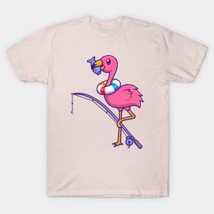 Cute Flamingo Eating Fish Cartoon T-Shirt